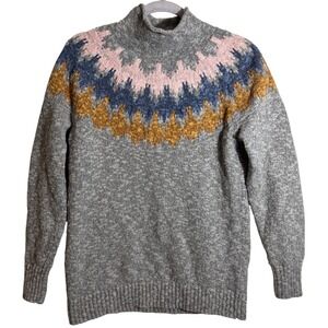 L.L. Bean Women's Cotton Ragg Funnel neck Fair Isle Pullover Sweater Gray Size M